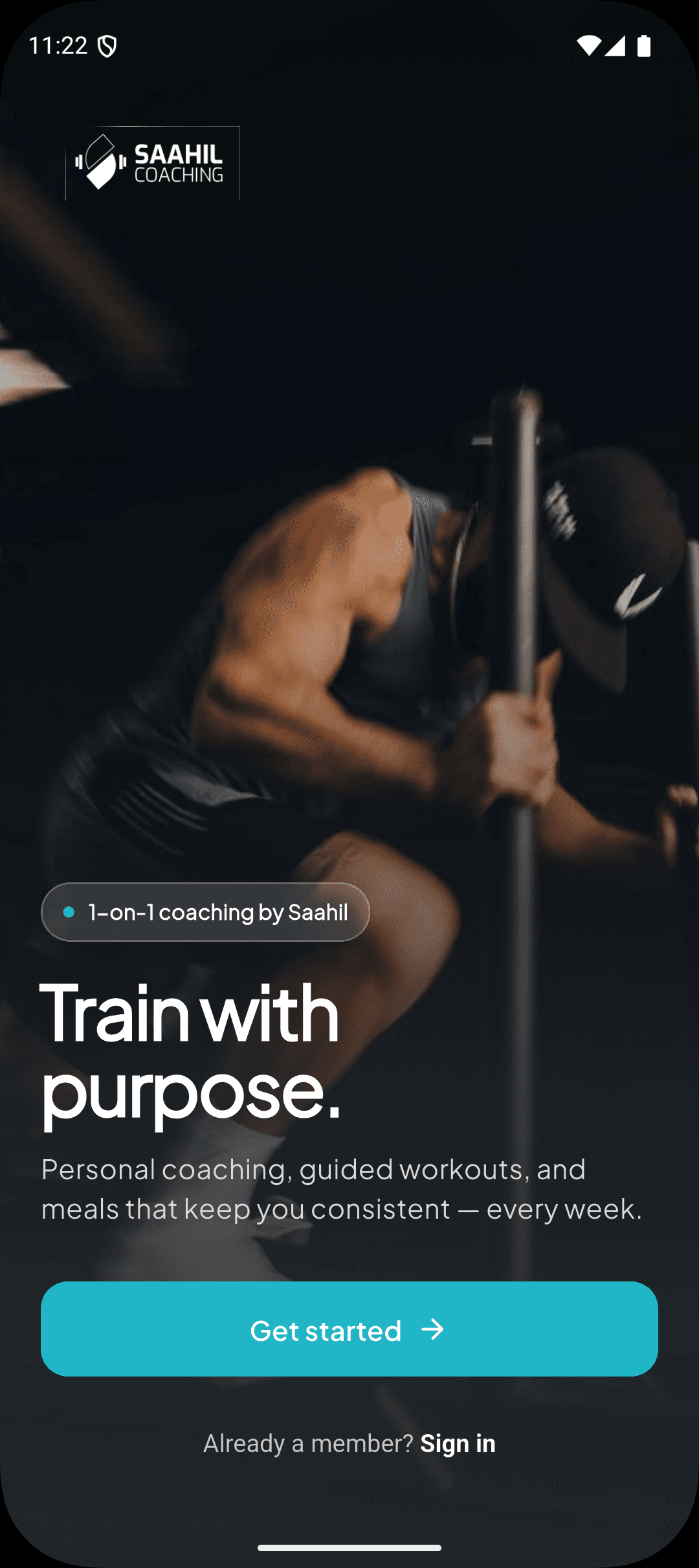 Saahil Coaching welcome screen: Train with purpose, with personal coaching, guided workouts, and meals.