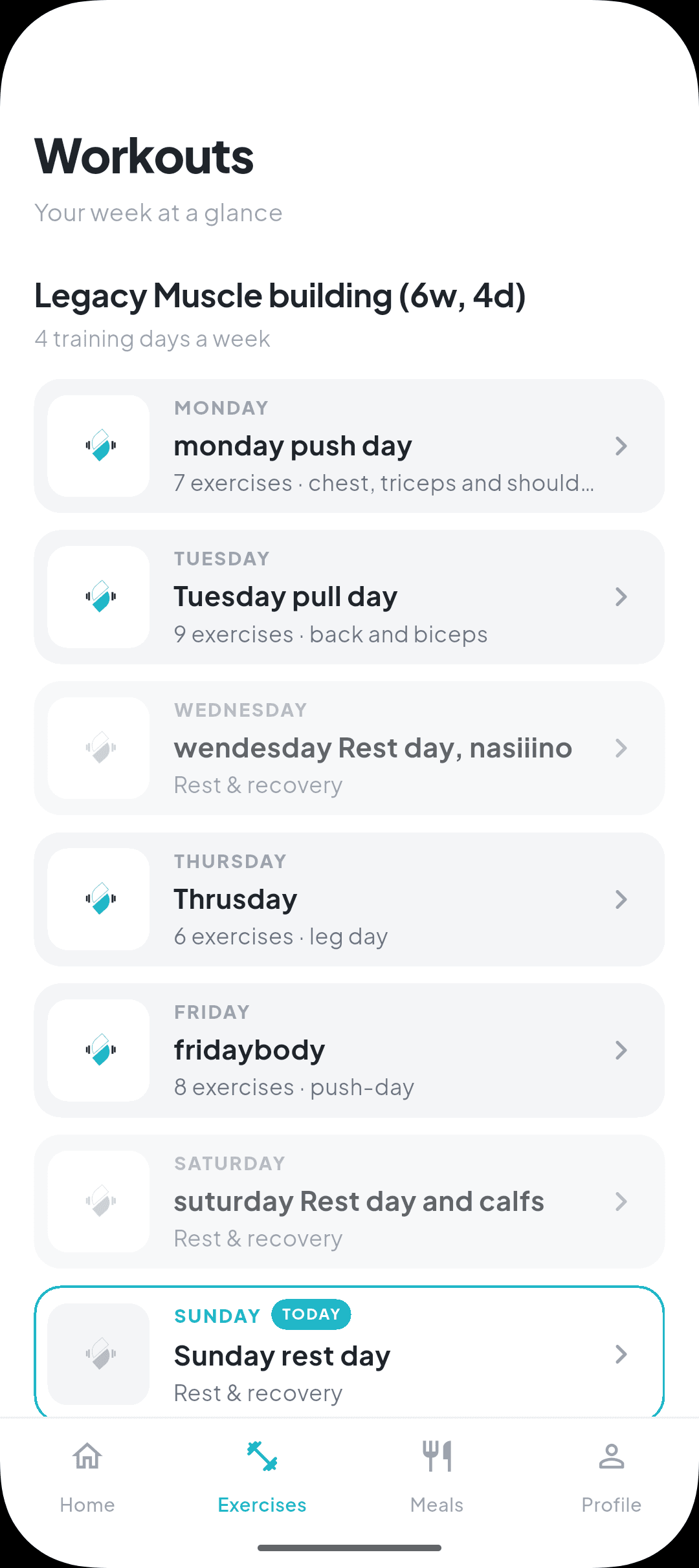 Saahil app workout screen with a full week of scheduled training sessions and recovery days.